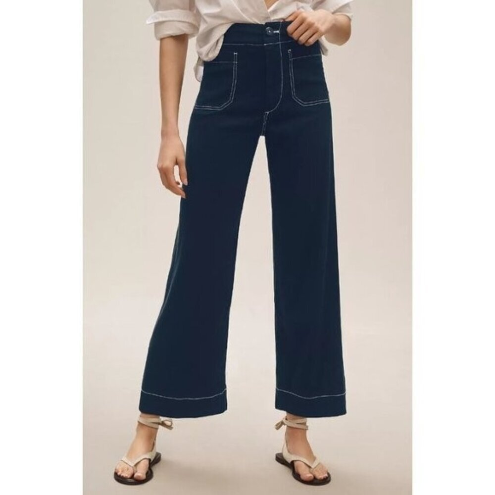NWT Size 27 Tall - The Colette Contrast-Stitch Linen Crop Wide-Leg Pants
